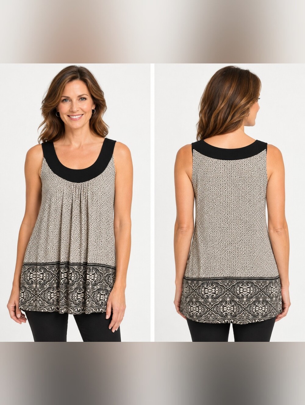 Perseption Concept Women's Large Sleeveless Tunic Top Black & White Print